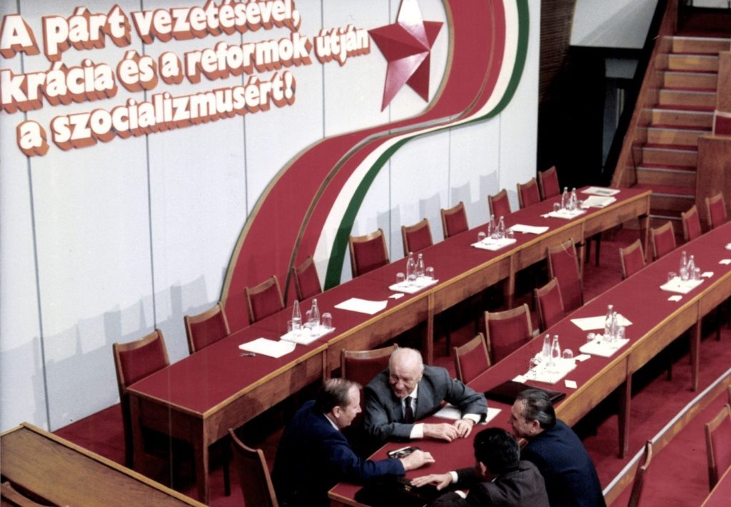 Kádár János, Grósz Károly, Lukács János, Gyenes András az MSZMP országos pártértekezletén, 1988. május 21. 